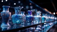 Glowing blue glass vases on dark shelf with bokeh lights background create magical atmosphere in luxury interior display, decorative artistic composition.