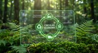 Sustainable circular economy concept with recycling icons displayed on transparent screen in green forest environment for environmental business presentations.