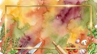 Watercolor cooking background with fresh vegetables and utensils on warm autumn palette, suitable for culinary designs, recipe blogs, and food-related marketing materials.