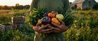 Farmer holding fresh organic vegetables and herbs in cupped hands during golden hour sunset. Sustainable agriculture and farm-to-table concept.