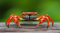 Colorful red orange crab with bright claws positioned on wooden surface against blurred green natural background. Marine crustacean wildlife photography.