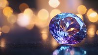 Sparkling blue and purple diamond on dark surface with golden bokeh lights background, luxury jewelry concept for precious gems and wealth.