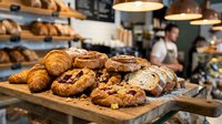 Fresh baked croissants and pastries displayed on wooden board in modern bakery with chef working in background. Artisan bread and breakfast items ready for sale.