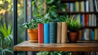 Books standing between potted plants on wooden table near window, creating cozy reading atmosphere with natural light and greenery in home library setting.