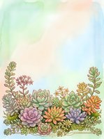 Watercolor succulent garden border with colorful plants on pastel rainbow background for botanical design projects and nature-themed artwork.