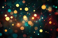 Glowing network of connected dots with colorful bokeh lights in dark background creates futuristic molecular structure pattern in yellow, red and turquoise tones.