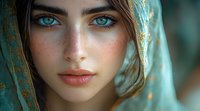 Young woman with striking blue eyes and freckles wearing turquoise headscarf with gold embroidery, natural makeup and soft lighting creates ethereal portrait mood.