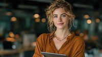 Young blonde businesswoman holding tablet in modern office space with warm lighting and professional atmosphere for corporate presentations.