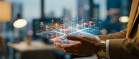 Businessman holding digital holographic network visualization with connected data points and lines over cityscape background for technology solutions.