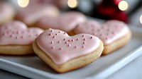 Heart shaped sugar cookies with pink frosting and sprinkles on white plate. Romantic holiday dessert with soft bokeh lights in background. Sweet homemade Valentine's Day treats.