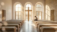 Empty church interior with wooden pews facing arched windows, allowing natural light to flood the serene, minimalist worship space for religious and spiritual concepts.