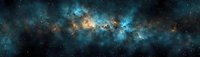 Panoramic view of cosmic nebula with glowing turquoise and golden gas clouds against dark space background, creating dramatic celestial landscape.