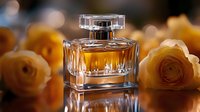 Luxury crystal perfume bottle with golden fragrance surrounded by elegant yellow roses on reflective surface for beauty and cosmetics advertising.