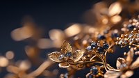 Golden floral jewelry piece with delicate metallic petals and small dark blue stones against blurred bokeh background, showcasing luxury craftsmanship and elegant design.