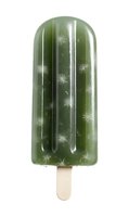 Green matcha ice cream popsicle with white sesame seeds on wooden stick isolated on white background for summer dessert and frozen treat designs.