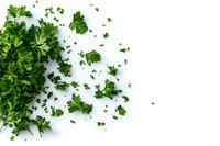 Fresh green parsley leaves scattered and chopped on white background, organic culinary herbs for cooking and garnishing dishes, isolated with copy space.
