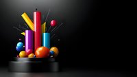 Vibrant geometric composition with colorful cylinders and spheres on black platform against dark background, creating modern abstract art display with dramatic lighting.