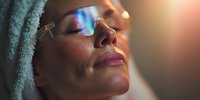 Mature woman with towel wrapped around head enjoying relaxing spa treatment with rainbow light reflection on protective eyewear.