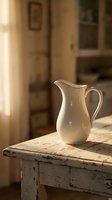 White ceramic pitcher on rustic wooden table in sunlit room with warm natural light, suitable for home decor, lifestyle, and interior design projects.
