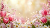 Pink tulips and white daisies in soft morning light create dreamy spring garden scene with bokeh effect and delicate cherry blossoms in background.