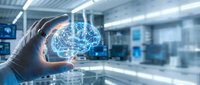 Scientist in white gloves holding glowing digital brain hologram in modern laboratory setting, representing artificial intelligence, neural networks, and technology research.
