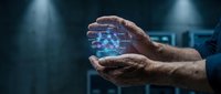 Businessman hands protecting holographic digital data cube with glowing blue light effects in futuristic technology concept for cybersecurity solutions.