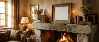 Cozy living room interior with stone fireplace, warm lighting, and elegant home decor arrangement for residential design and lifestyle content.