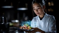 Young Asian female chef in white uniform holding plate with creative molecular gastronomy dish emitting colorful glowing particles in dark restaurant kitchen.