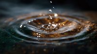 Macro shot of water drop impact creating concentric ripples with golden light reflection and floating droplets, captured at high speed against dark background.