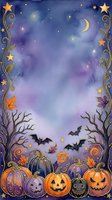 Watercolor Halloween night scene with jack-o-lanterns, pumpkins, bats, crescent moon, stars, autumn leaves, and ornamental vines on dark blue background. Suitable for seasonal greeting cards and fall decorations.