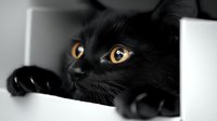 Close up portrait of black cat with striking amber eyes peeking through gap, selective color effect emphasizes dramatic gaze and mysterious feline expression.
