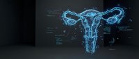 Digital holographic uterus and ovaries anatomy model with glowing blue wireframe structure on dark medical technology background for healthcare education.