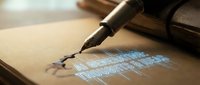 Fountain pen writing elegant calligraphy on aged parchment paper with glowing blue text effect for luxury stationery and professional correspondence designs.