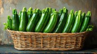 Fresh green zucchini squash arranged in wicker basket on rustic background, organic farm vegetables for healthy cooking and seasonal harvest.