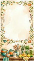 Watercolor kitchen frame with floral border, utensils, herbs, and ceramic dishes, featuring a blank center for text or recipe cards.