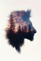 Double exposure silhouette of lion head merged with sunset forest landscape and dramatic clouds, creating mystical nature-inspired artwork for wall decor and prints.