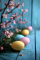 Decorated Easter eggs with polka dot pattern arranged on turquoise wooden background with blooming cherry branches and fresh grass, spring holiday concept.