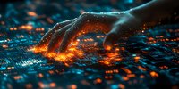 Glowing digital hand touches futuristic circuit board with orange light effects against blue technology background, representing artificial intelligence and digital transformation.