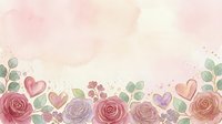 Watercolor roses and hearts border with soft pink and lavender flowers, green leaves, and gold splashes on isolated white background for wedding invitations and greeting cards.