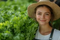 Young woman in straw hat smiling while holding fresh parsley harvest in garden. Organic farming concept for healthy cooking and sustainable agriculture.