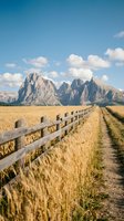 Wooden fence along golden wheat field with dramatic mountain peaks under blue sky with white clouds creating scenic rural countryside landscape.