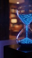 Digital hourglass with glowing binary code data flowing through glass bulbs representing time management and technology concepts for business presentations.