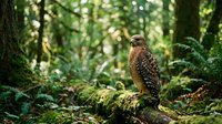 Brown hawk perched on moss-covered log in lush forest environment, surrounded by green foliage and natural woodland habitat for wildlife and nature photography.