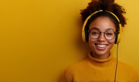 Young African American woman with natural curly hair wearing yellow turtleneck sweater, glasses and headphones smiling against yellow background. Modern lifestyle portrait.