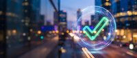 Digital checkmark symbol glowing with neon light effects over blurred city street at dusk. Concept for approval, verification, and business success.