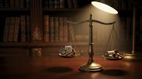Brass scales of justice on wooden desk with law books and desk lamp in background, symbolizing legal profession and courtroom authority.