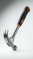 Claw hammer with black and orange rubber grip on light gray background, studio shot of steel construction hand tool for carpentry and repair.