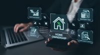 Businessman using laptop with digital home ownership icons including mortgage rates, property tax, contracts and investment analytics for real estate planning.