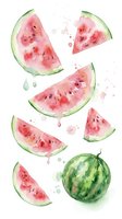 Watercolor watermelon slices with juice drops and splashes isolated on white background for summer design projects and healthy food concepts.