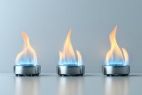 Three gas burners with vivid blue and orange flames on a clean gray background, showcasing energy and heat for cooking or industrial concepts.